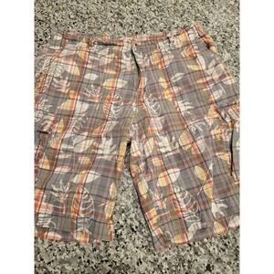 Plugg Mens Cargo Shorts‎ Plaid Leaf Print Size 38 Tan Orange Gray Casual